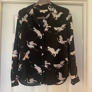 LOFT XS Black Buttoned down blouse with bird print.